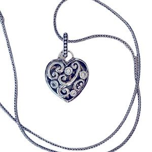 Filagree/swirly puffy heart pendant On a wheat chain In sterling silver